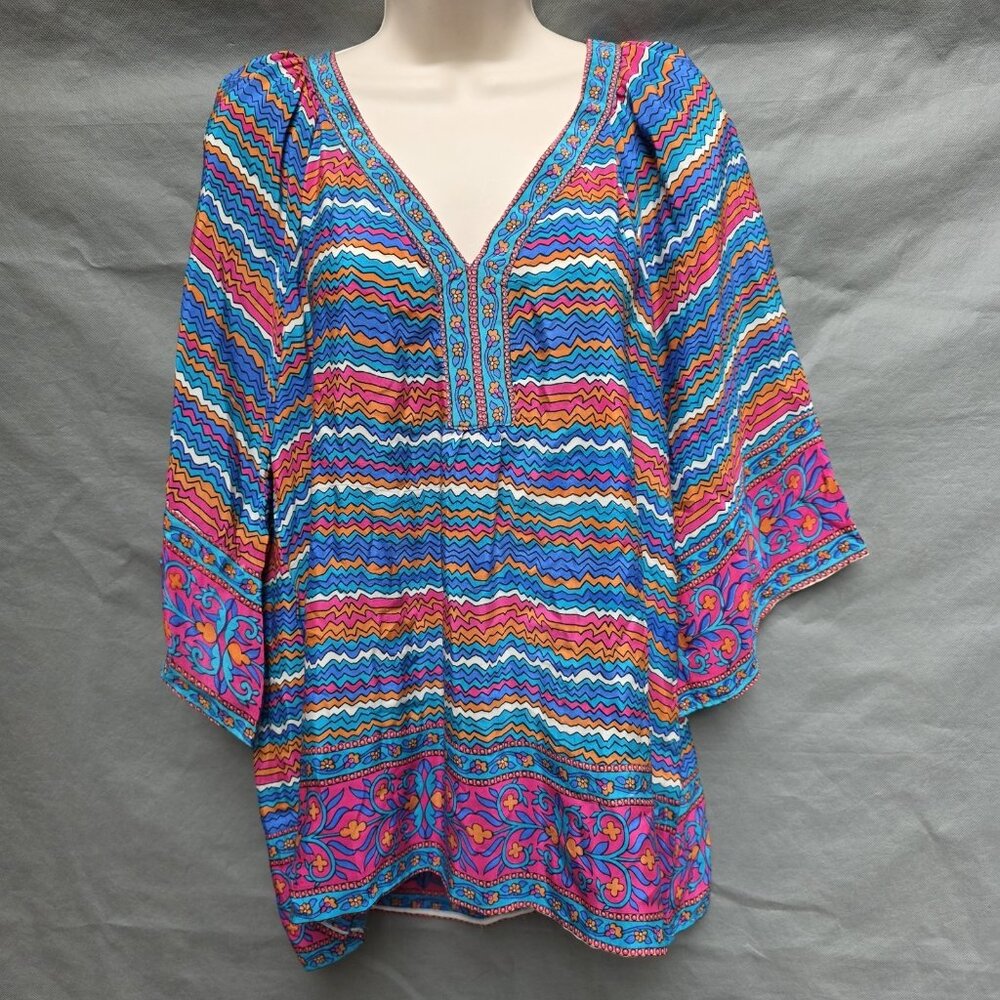 Tolani Size Medium Striped 100% Silk 3/4 Sleeve Fluttery Shirt Blouse Boho